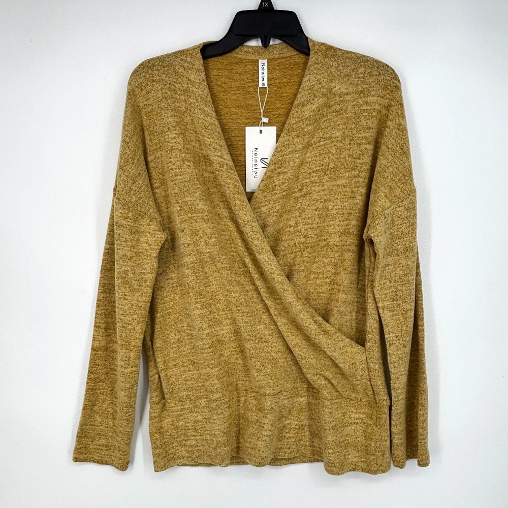 Neineiwu Womens Medium Sweater Knit Top Wrap Front Deep V-Neck Tan Heather